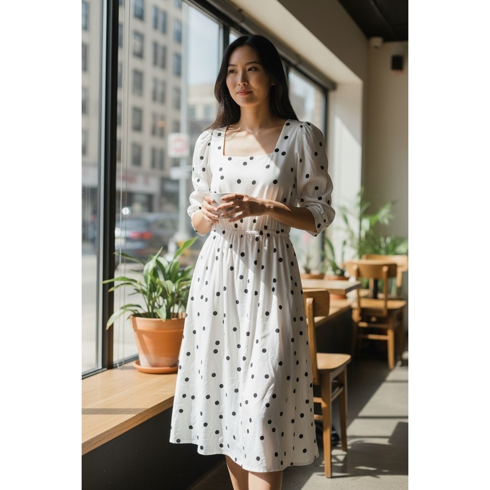 Oliver Bonas Polka Dot Square Neck white puff sleeve Fit in Flare retro Chic XS
